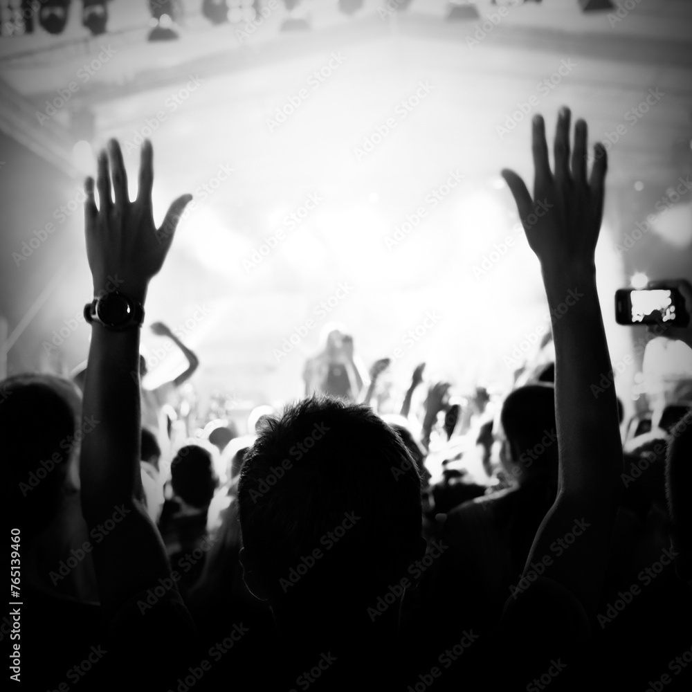 Crowd cheering and watching a band on stage, blurred motion, shallow DOF.