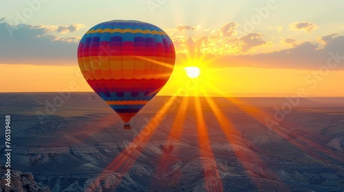 a hot air balloon flying in the sky with the sun shining through the clouds over a mountain range in the distance.
