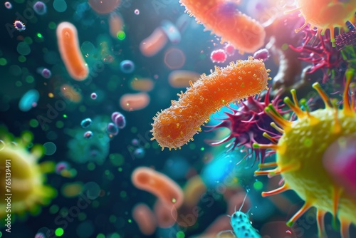 Complex Bacteria 3d. Flu infection vaccine. Generate Ai