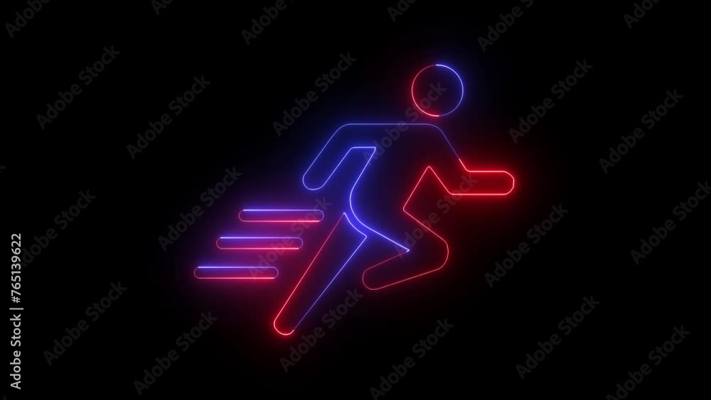 Glowing neon line runner sing. Running neon sign appear in center and disappear after some time. Glowing neon line runner sing. Running neon sign appear in center and disappear after some time.