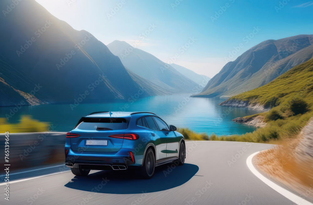 Banner travel to the sea by car through the mountains with place for text Banner travel to the sea by car through the mountains with place for text