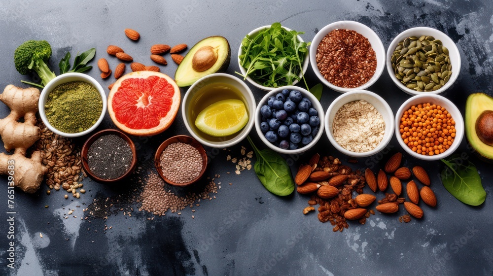 a table topped with bowls filled with different types of fruits and vegetables next to a pile of nuts and avocados. a table topped with bowls filled with different types of fruits and vegetables next to a pile of nuts and avocados.