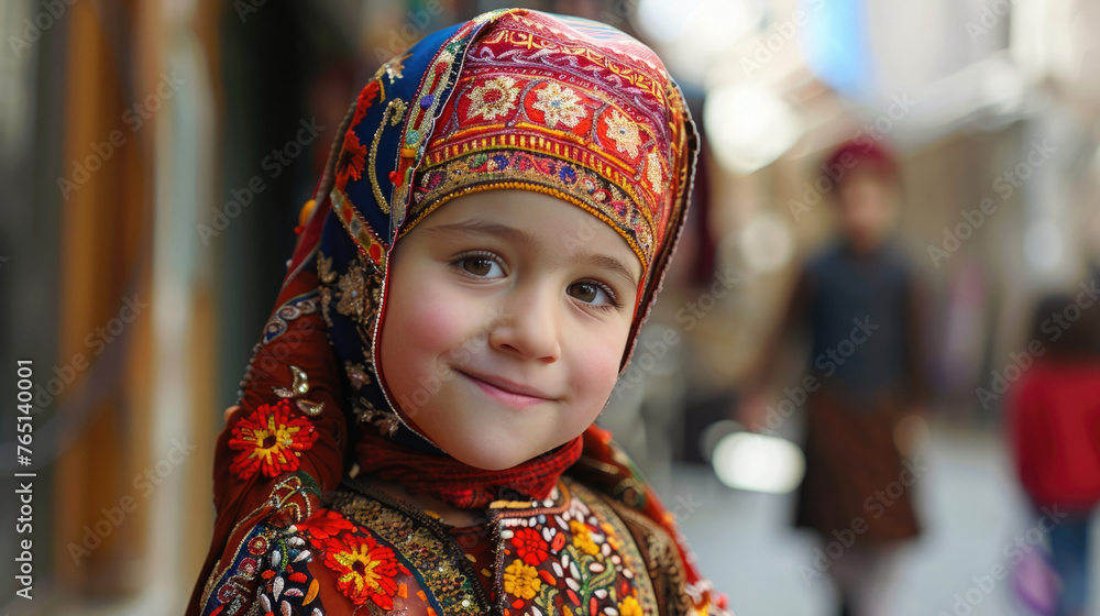 Ataturk Memorial Day, National Day of Turkey, Victory Day, portrait of a little girl in a national Turkish costume, Turkish ornament Ataturk Memorial Day, National Day of Turkey, Victory Day, portrait of a little girl in a national Turkish costume, Turkish ornament