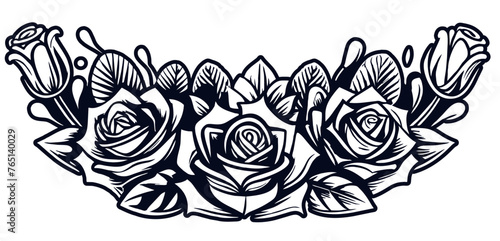 Retro old school roses for chicano tattoo. Symmetrical, silhouetted floral pattern featuring stylized roses and leaves in black and white. outline line