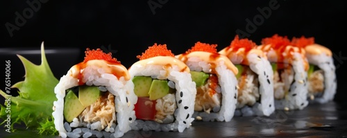 Sushi pieces on dark stone table in luxury reataurant, side view food banner. Generative Ai