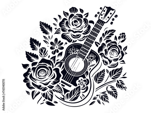 Retro old school guitar, roses for chicano tattoo outline. Monochrome line art, ink tattoo. Black and white vector design with an acoustic guitar surrounded by rose blossoms