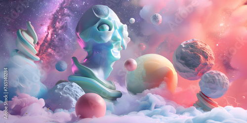 Surreal product presentation featuring abstract sculptures and dreamlike elements against a cosmic backdrop 