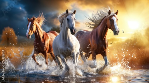 three horses running through a body of water in front of a sky with clouds and a sun in the background.