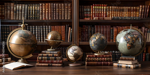 Vintage library-themed product presentation with leather-bound books, mahogany shelves, and antique globes