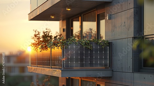 Solar Panel on Balcony of Modern Facade Building in Eco City. Solar Panels System Energy of Apartment Building.
