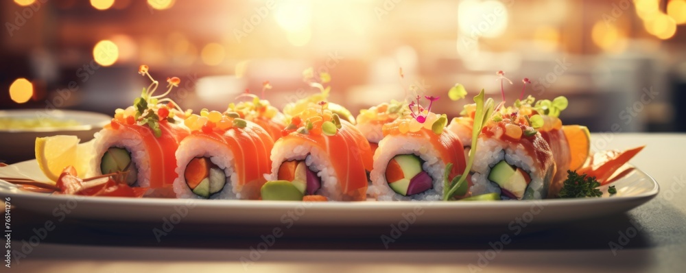 Sushi pieces on plate in luxury reataurant, food banner. Generative Ai