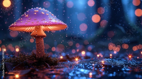 a purple mushroom sitting on top of a wet ground next to a forest filled with lots of small lite up lights. photo