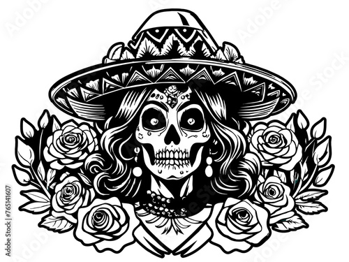 Mexican retro old school woman sugar skull in sombrero for chicano tattoo outline. Monochrome line art, ink tattoo. Black and white illustration of la catrina skull with a wide-brimmed hat and roses