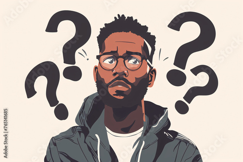 Illustrated man with question marks around his head