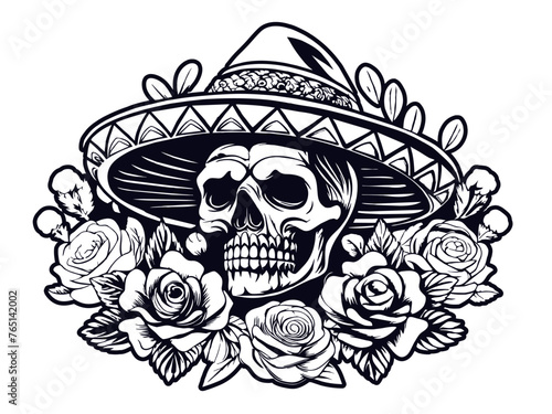 Mexican retro old school sugar skull in sombrero for chicano tattoo outline. Monochrome line art, ink tattoo. Black and white of day of the dead skull wearing sombrero, surrounded by roses photo