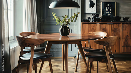 Dining chairs with molded plywood seats  surrounding a round table with tapered legs and a statement pendant light