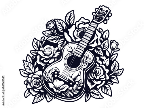 Retro old school chicano tattoo outline. Monochrome line art, ink tattoo. Floral acoustic guitar illustration with intricate in black and white, featuring roses, foliage, music-themed artwork