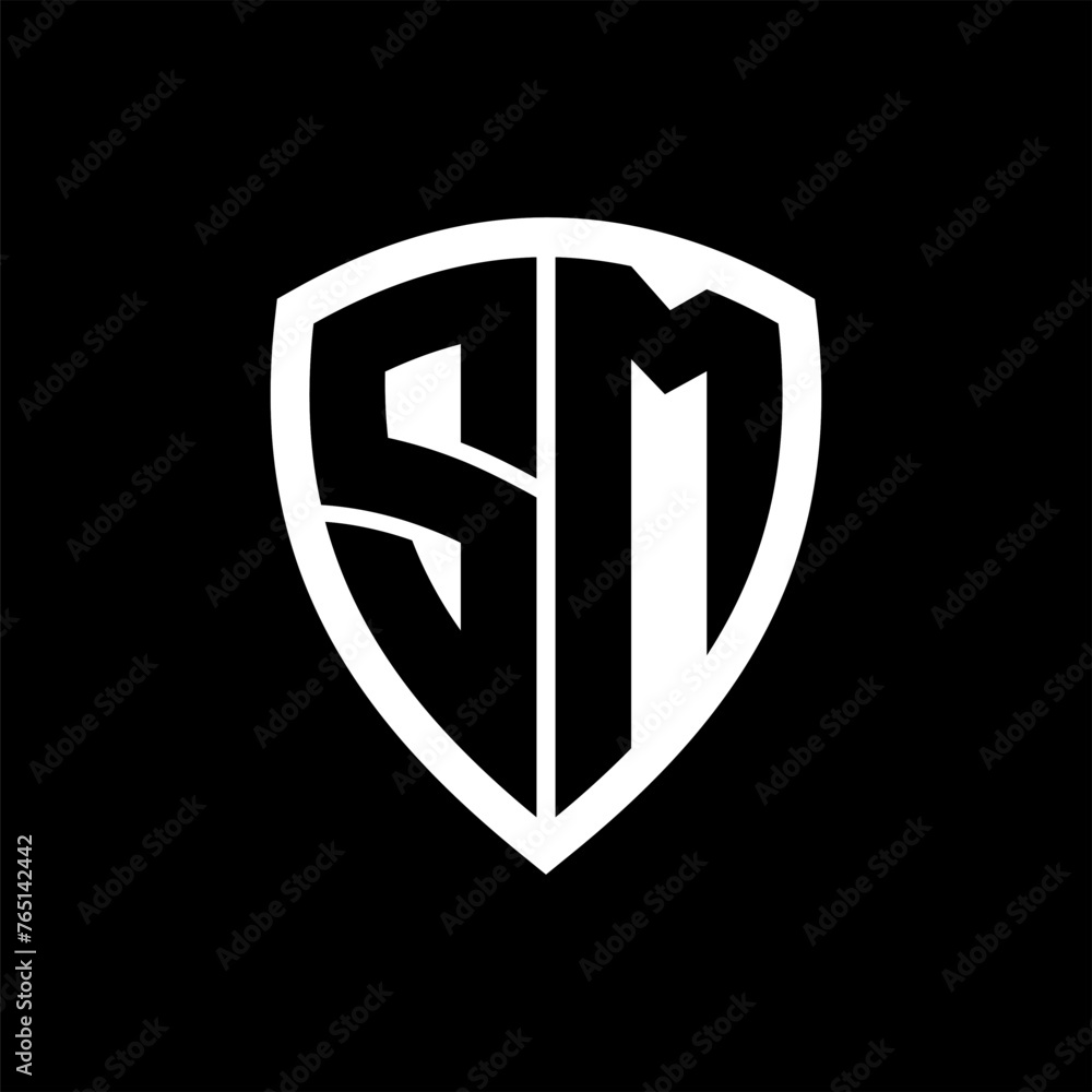 SM monogram logo with bold letters shield shape with black and white color design SM monogram logo with bold letters shield shape with black and white color design