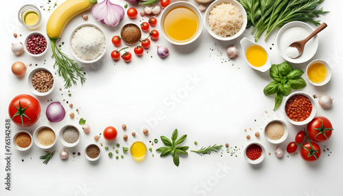 Food background with free space for text. Composition with ingredients for cooking over white background. Top view with copy space