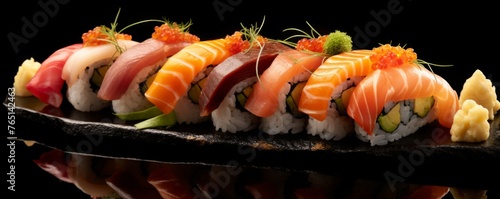 Sushi pieces on dark stone table in luxury reataurant, side view food banner. Generative Ai