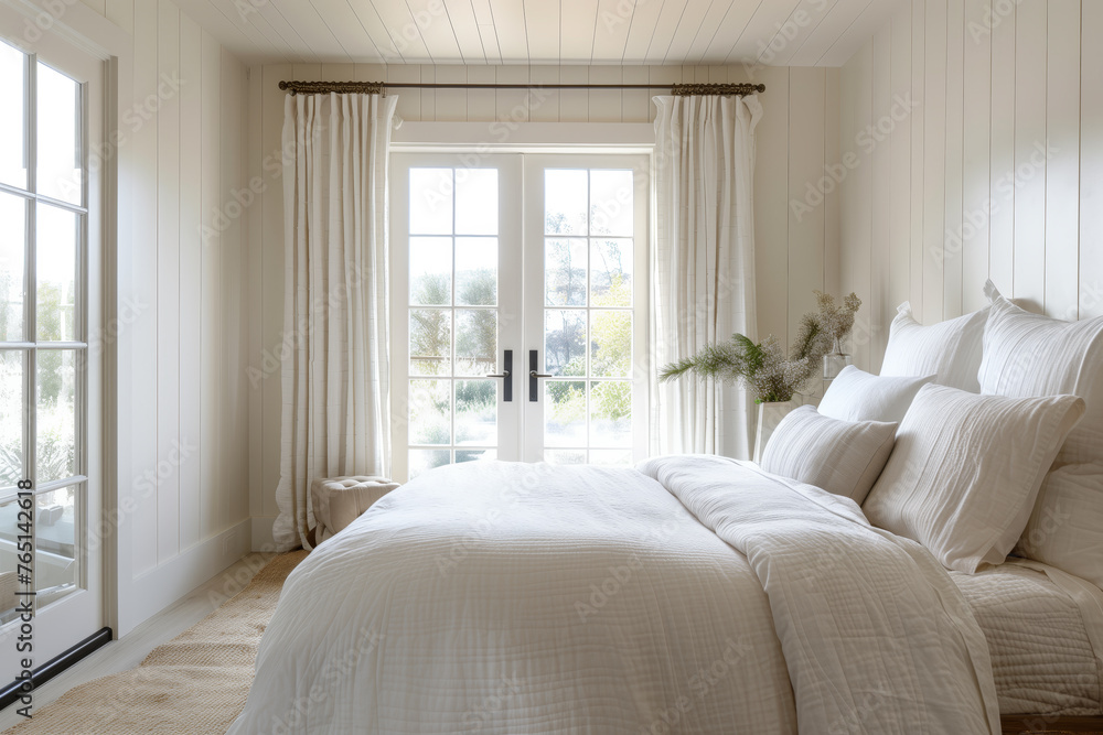 A cozy bedroom with a large bed with white bedding and french doors leading to outside. A cozy bedroom with a large bed with white bedding and french doors leading to outside.