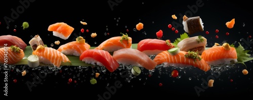 Flying sushi pieces on black background, food banner. Generative Ai.