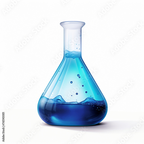 realistic erlenmeyer flask with blue liquid inside with some spilling out on white background сreated with Generative Ai