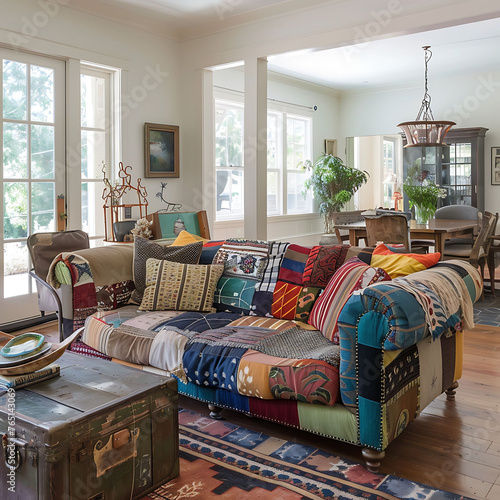 Eclectic family room with a patchwork sofa, mismatched vintage chairs, and a salvaged trunk repurposed as a coffee table. photo