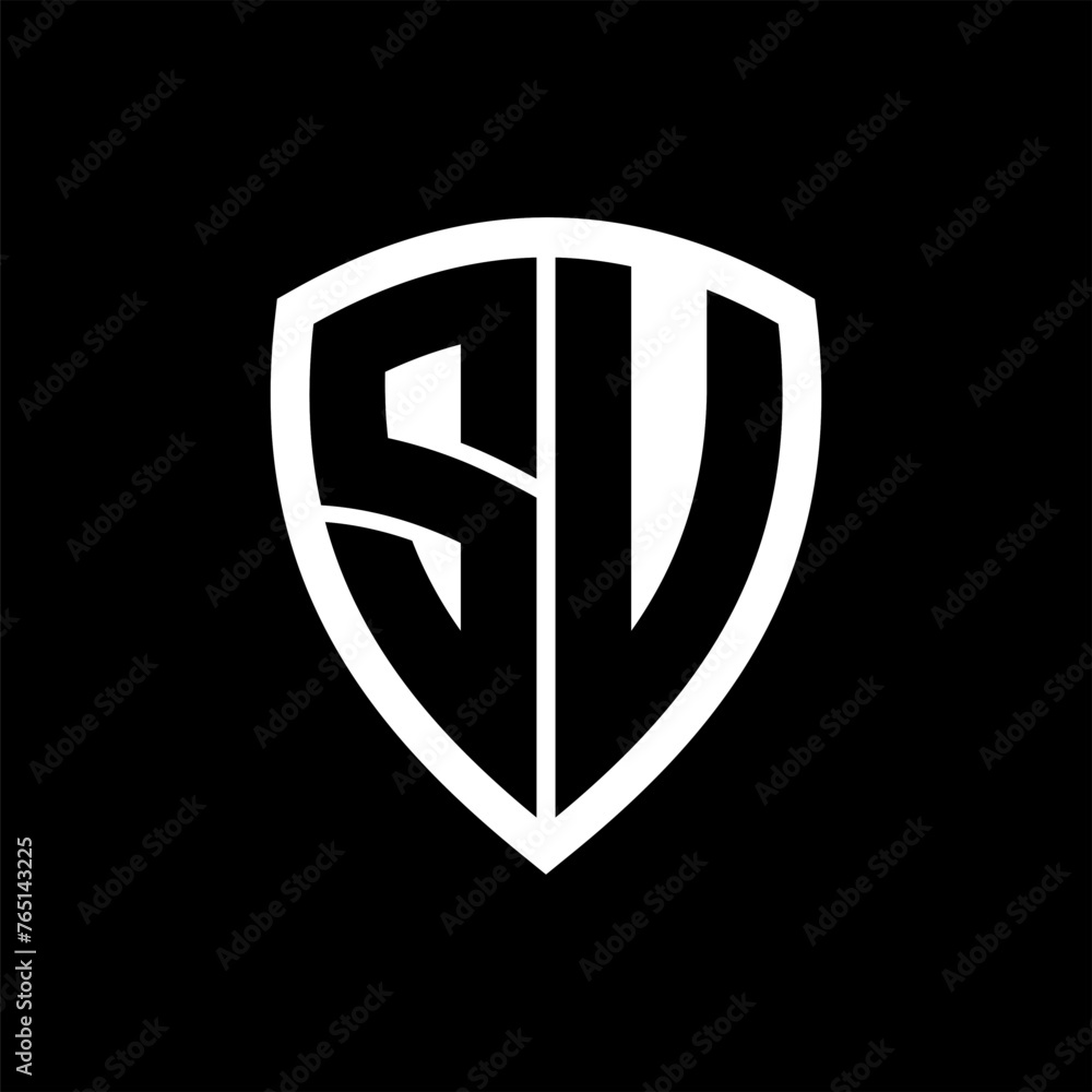SU monogram logo with bold letters shield shape with black and white color design
