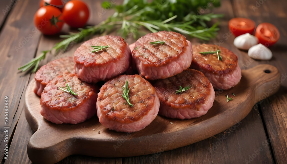 Fresh meat cutlets on wooden background