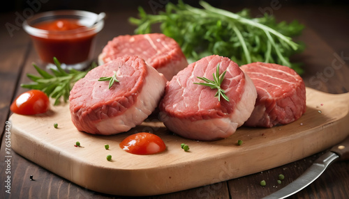 Fresh meat cutlets on wooden background