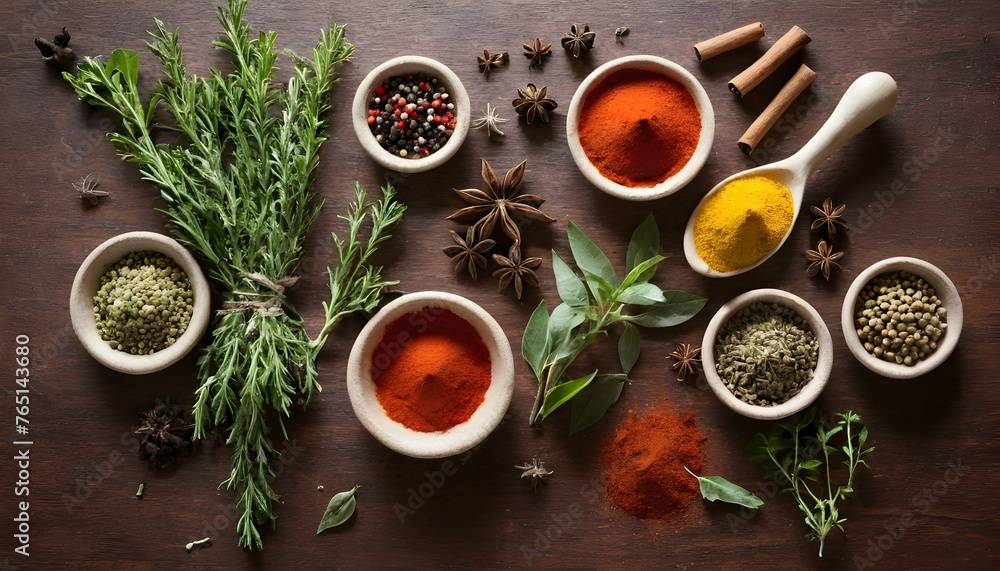 Fresh spices and herbs on a table Fresh spices and herbs on a table