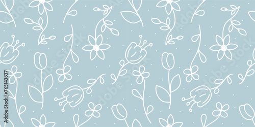Floral seamless pattern. Vector hand drawn wild flowers, decorative blue and white ornament. Cute flowers in doodle style. Beautiful texture and background for textile and fabric. Vector illustration