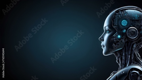 ai robotic woman on dark background with copy space, space for text and design 
