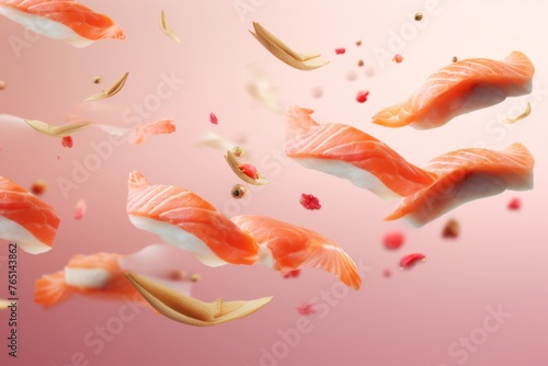 Flying sushi pieces on pastel background, food wallpaper . Generative Ai.