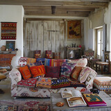 Eclectic family room with a patchwork sofa, mismatched vintage chairs, and a salvaged door repurposed as a coffee table.