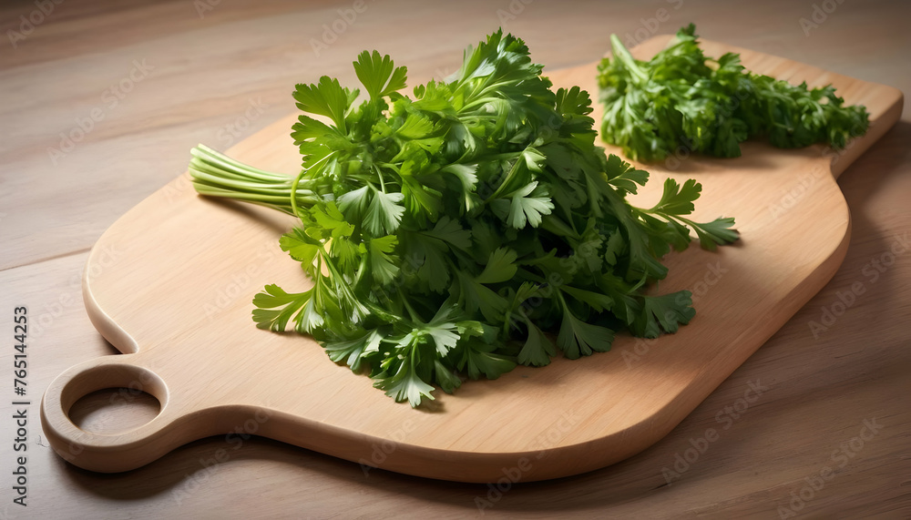 Parsley. On a chopping board in the kitchen Parsley. On a chopping board in the kitchen