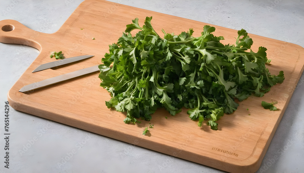 Parsley. On a chopping board in the kitchen Parsley. On a chopping board in the kitchen