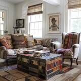 Eclectic family room with a patchwork sofa, mismatched vintage chairs, and a salvaged trunk repurposed as a coffee table.