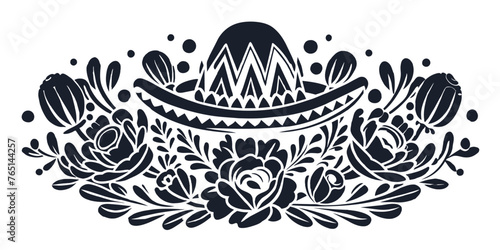 Mexican retro old school cactus and sombrero for chicano tattoo outline. Monochrome line art, ink tattoo. Striking black and white graphic of surrounded by elegant roses, various applications