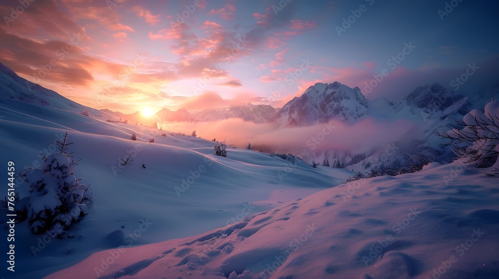 beautiful sunrise illuminates the snowy mountains landscape generative ai