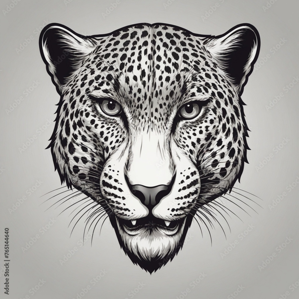 Obraz premium A cartoon drawing of a leopard with a fierce expression. The drawing is bold and colorful, with a sense of energy and power. The leopard's eyes are large and intense, and its mouth is open