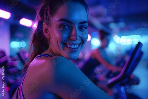 Motivating Woman Leads Spinning Class at Fitness Center, Promoting Healthy Lifestyle. Concept Fitness, Spinning Class, Woman Empowerment, Healthy Lifestyle, Motivation © Anastasiia