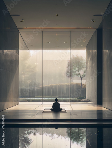 ????? The image is of a person meditating in a modern, minimalist room with a large glass window looking out onto a Zen garden. Th photo