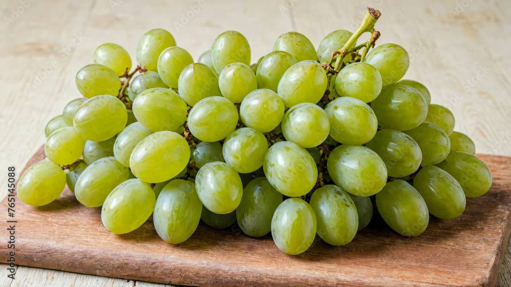 Large bunch of green organic grapes on wooden cutting board. Ripe, delicious and healthy fresh fruits of autumn, symbol of abundance on rustic wood background. Copy space. Large bunch of green organic grapes on wooden cutting board. Ripe, delicious and healthy fresh fruits of autumn, symbol of abundance on rustic wood background. Copy space.