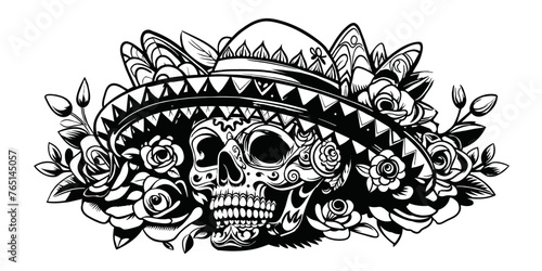 Mexican retro old school sugar skull in sombrero for chicano tattoo outline. Monochrome line art, ink tattoo. Black and white of day of the dead skull wearing sombrero, surrounded by roses