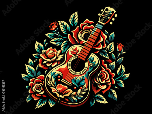 Mexican festival Cinco de mayo. Colorful illustration of an acoustic guitar surrounded by lush roses on a dark background