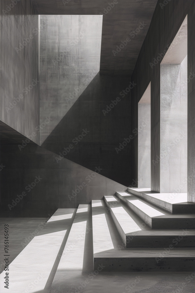 Fototapeta premium Concrete interior space with stairs and sunlight, 3D rendering, architecture visualization
