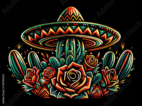 Mexico mexican cactuses and sombrero for festival Cinco de mayo. Colorful vector artwork showcasing a traditional mexican sombrero with cactus and roses