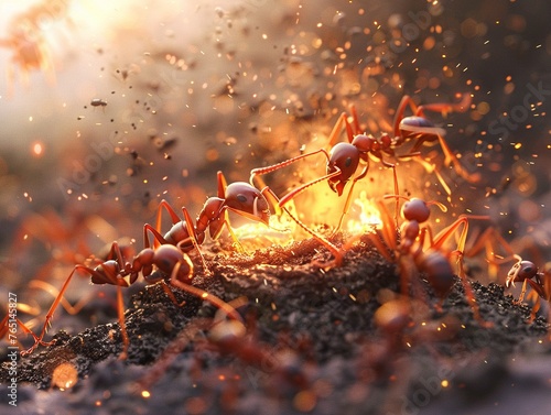 A Fire Ant mound erupting with activity as ants aggressively defend their territory against an intruder, showcasing their painful stings photo